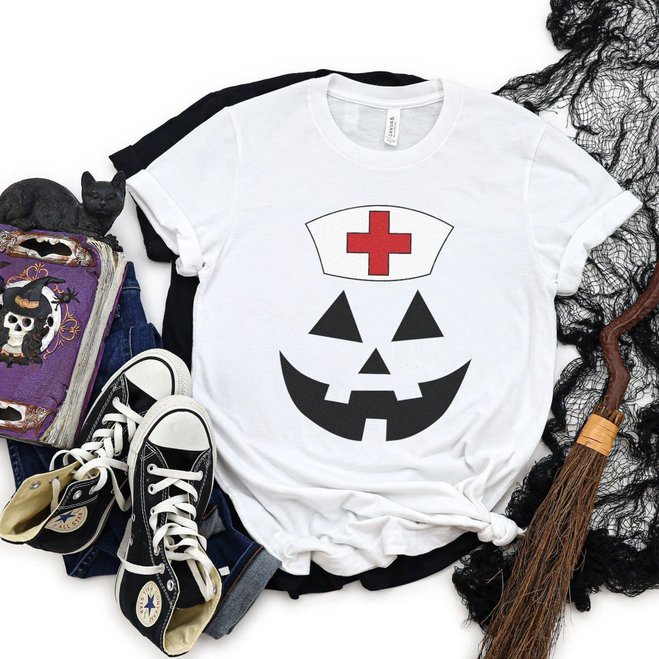 pumpkinfacenursewhite Jack-o-lantern Nurse T-Shirt - Image 9