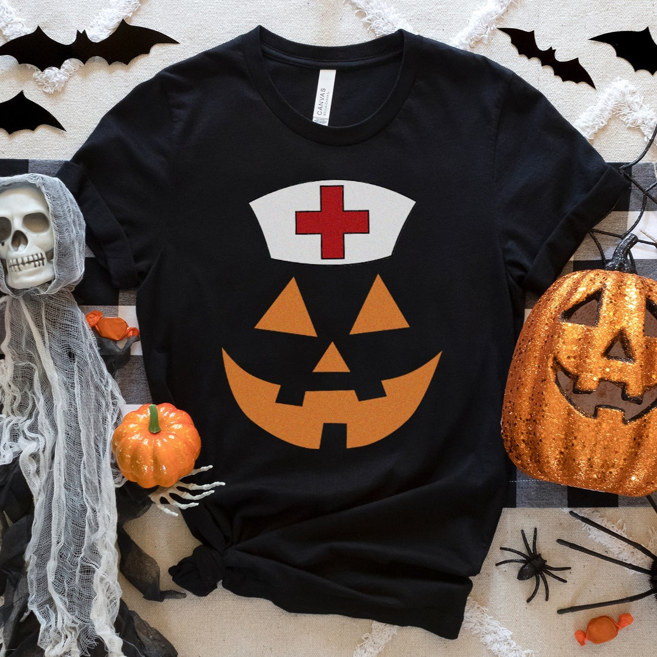 pumpkinnursefaceblack2 Jack-o-lantern Nurse T-Shirt - Image 6