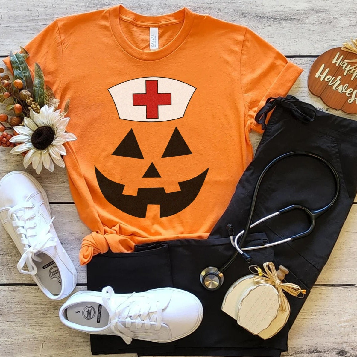 pumpkinnursefaceorange Jack-o-lantern Nurse T-Shirt - Image 7