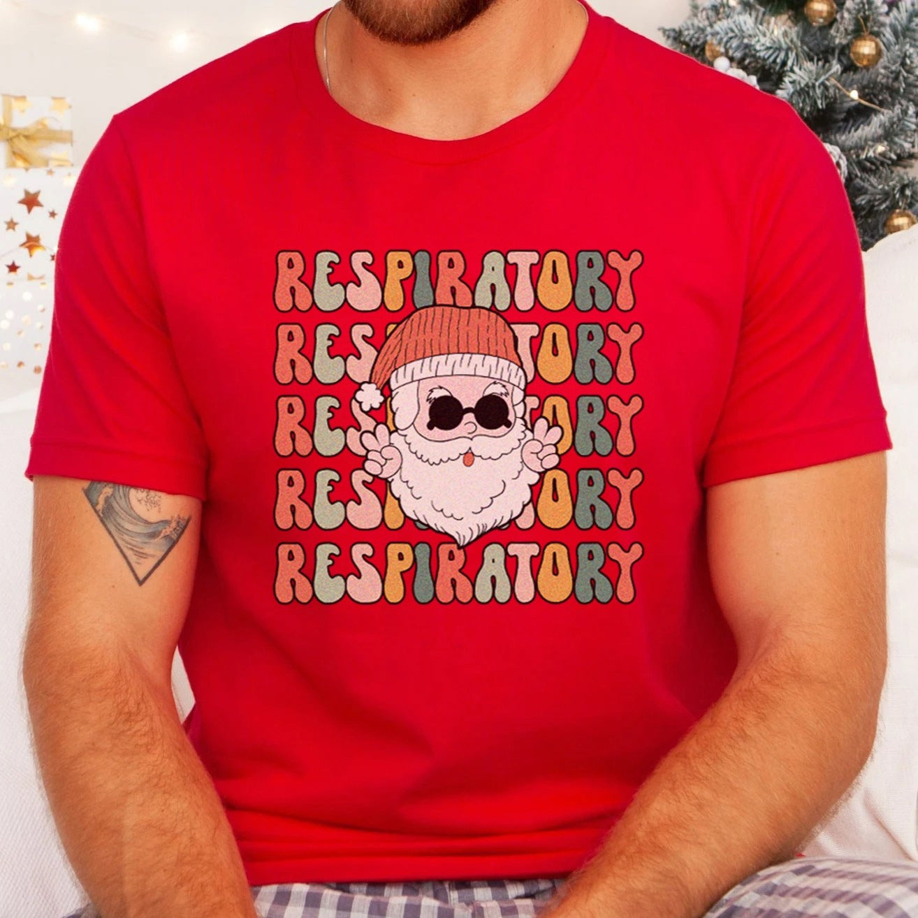 respiratoryretroxmasred Retro Respiratory Therapist Christmas T-Shirt - Image 2