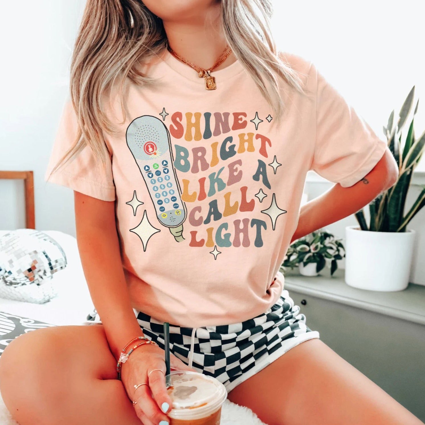 retroshinelikeacalllightpeach Retro Shine Bright Like a Call Light T-Shirt - Image 5