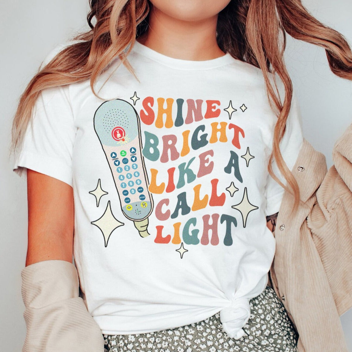 retroshinelikeacalllightwhite Retro Shine Bright Like a Call Light T-Shirt - Image 3