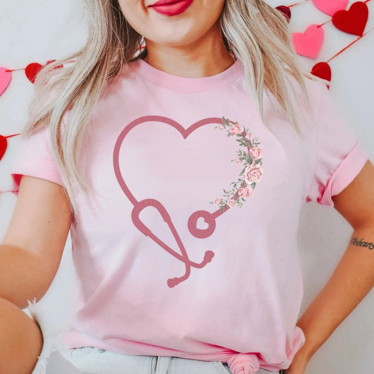 stethoscopeheartpink Floral Heart Stethoscope T-Shirt - Image 4