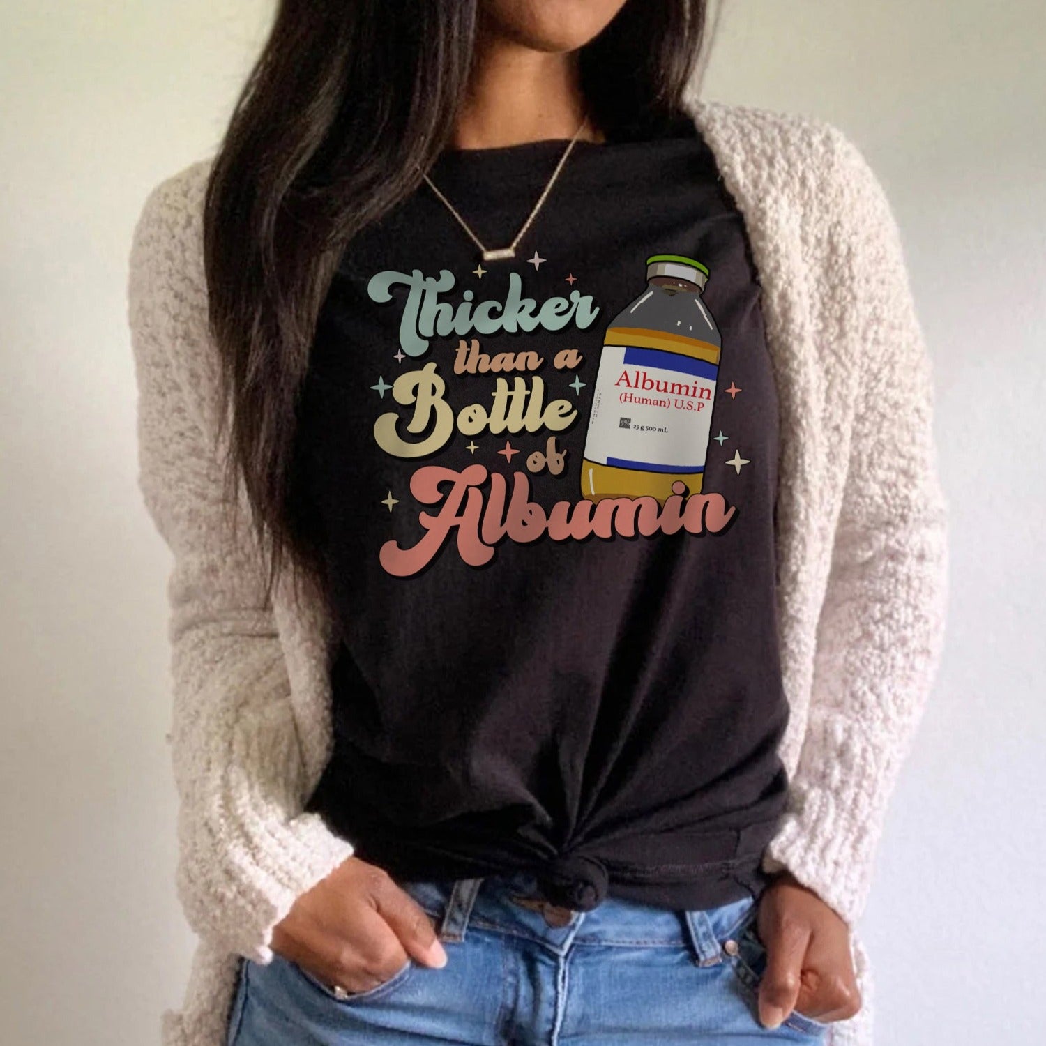 thickerthanalbuminblack Retro Thicker Than a Bottle of Albumin T-Shirt - Image 4