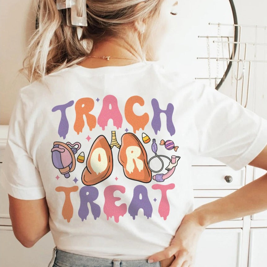 trachortreatv2white Retro Trach or Treat (Back Design) T-Shirt - Image 4